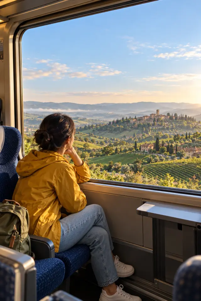 The traveler in a mustard jacket looking out of a train window at green hills and a hilltop village