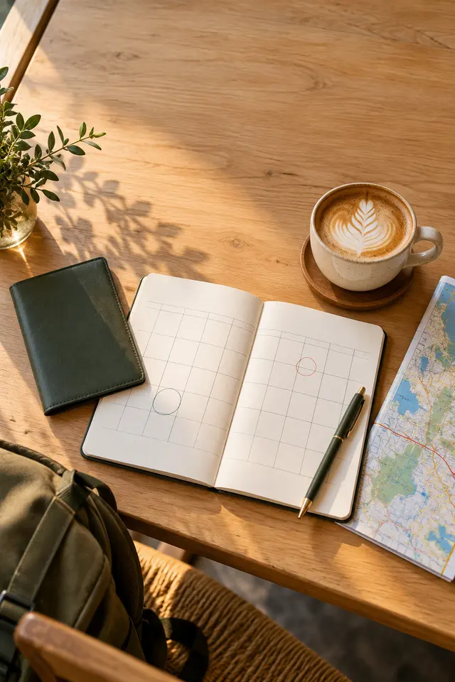 A sunny café table with a notebook calendar, a passport, a map and a cappuccino