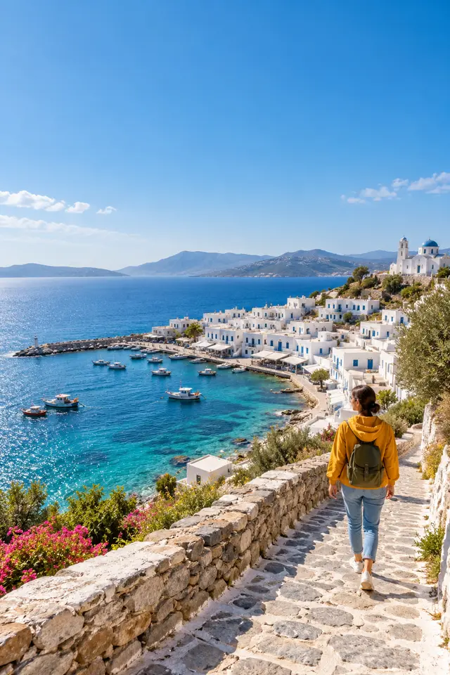 The traveler walking a stone path above a white and blue island village and a turquoise harbour