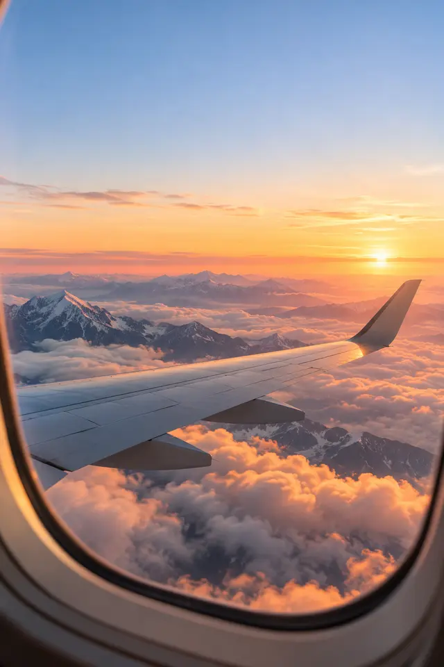Sunrise over the clouds and snowy peaks, seen from an airplane window