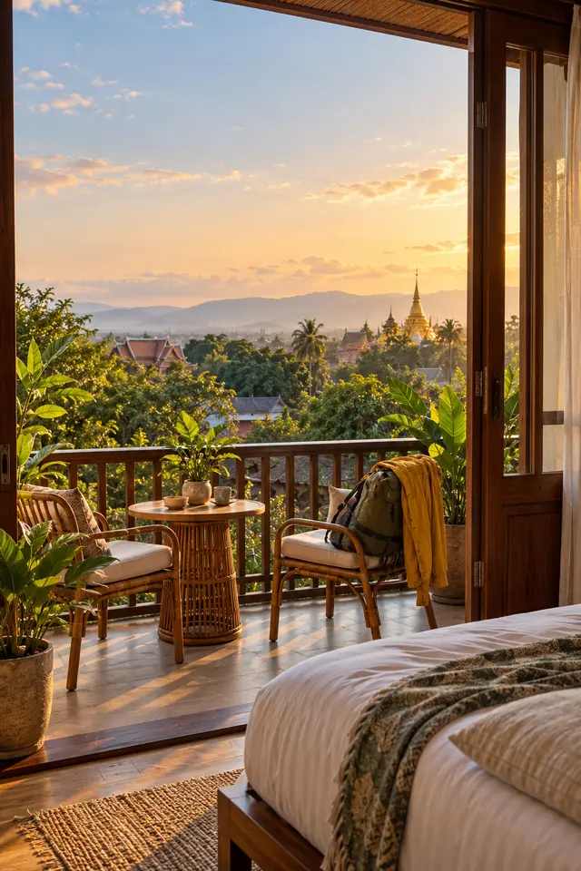 A guesthouse balcony at golden hour, with palm trees and a temple roof in the distance