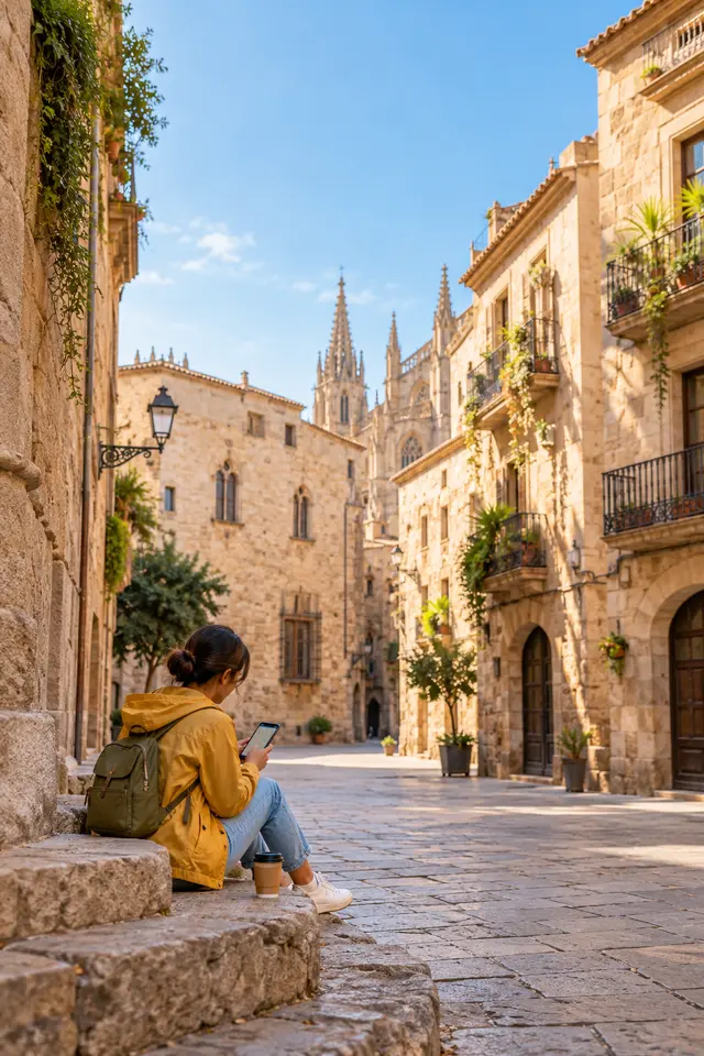 The traveler sitting on sunny stone steps in an old town, checking a map on a phone
