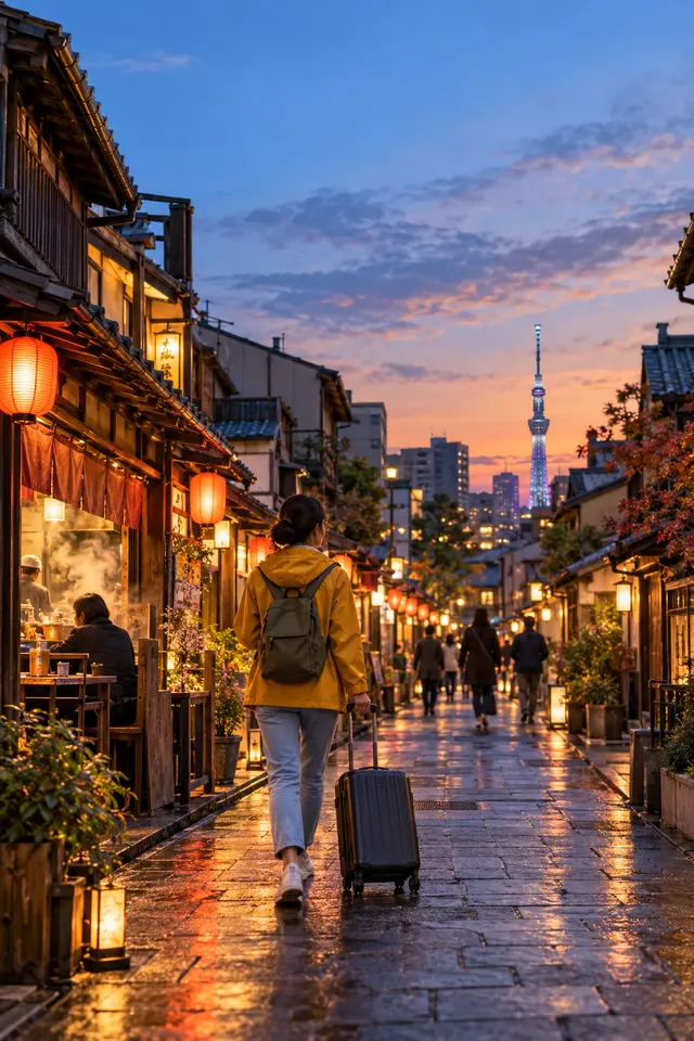 The traveler pulling a small suitcase into a lantern-lit side street at dusk
