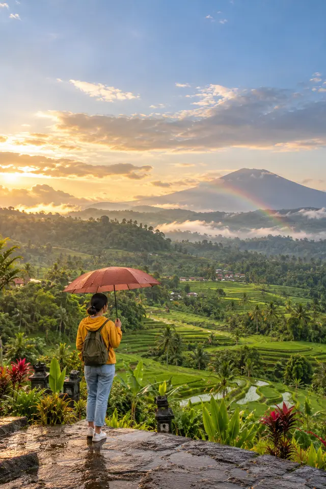 The traveler under an umbrella above green rice terraces as a rainbow appears