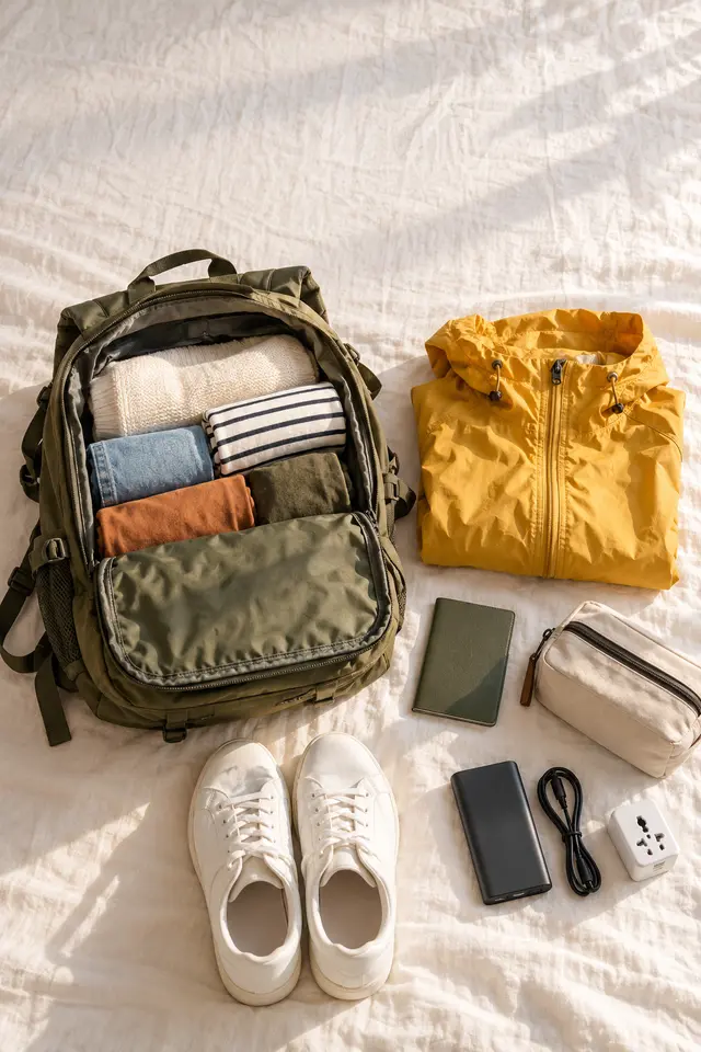 A flat lay of an olive backpack being packed, a mustard jacket, white sneakers, a passport and chargers
