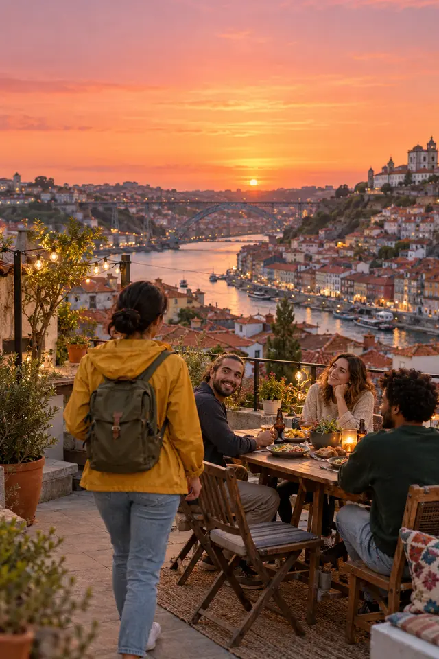 The traveler joining a friendly group of travelers at a rooftop table at sunset