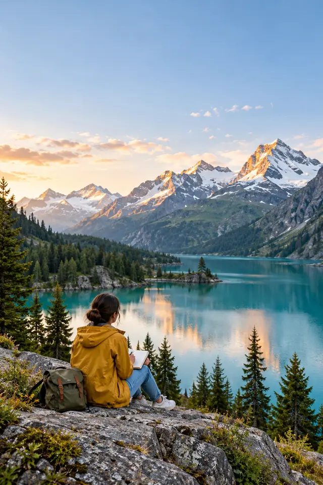 The traveler sitting by a turquoise alpine lake below snowy peaks at golden hour